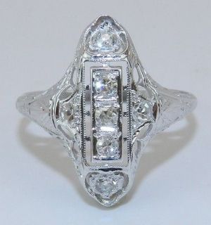 Antique Art Deco 18K White Gold Diamond Filigree Ring Circa 1920s 