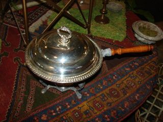Classy silver plate chafing dish on tripod with original burner