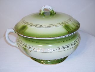 Elegant Victorian Chamber Pot Green White and Gold Trim Excellent Used 