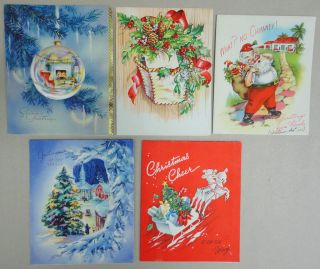Vtg Used Greeting Card Lot 5 Xmas 1940s Satin Ball Basket Snow Santa 