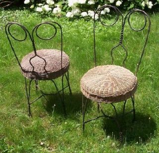 Pair of Ice Cream Parlor Chairs   Circular Wicker Seats, Twisted Metal 