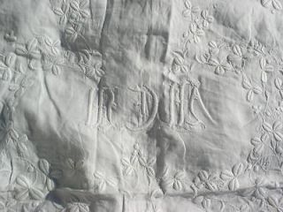 Antique Pure Linen White Bedspread w Hand Embroidery Clovers 