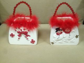   OF 2 CERAMIC CHRISTMAS BAG BOX BEADS HANDLE FEATHER RED WHITE SNOWMAN