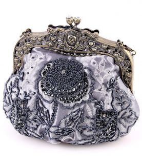   Victorian Rich Dark Gray Sequined Beaded Floral Evening Purse / Bag