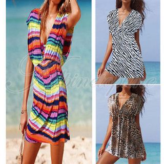   Womens Elastic Bikini Cover Up Summer Beachwear Deep V Dress Shirt