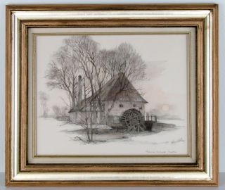 Aabenraa Vandmolle (Watermill) Pencil/Waterco​lor Mads Stage Framed 