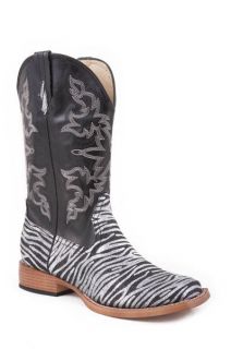 Roper Ladies Black Silver Glitter ZEBRA Square Toe Cowboy Boots 5 6 7 