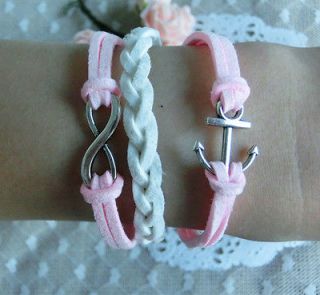 Bracelet  antique silver infinity karma anchor pink bracelet handmade