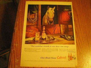 1946 Clavert Reserve Whiskey Large Ad Horse in Stall Stable Cowboy Hat