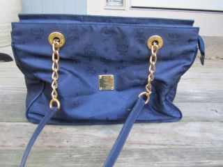 Vintage 1990s MCM Munchen Navy Blue Tote bag Handbag gold chain