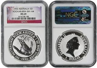 1992 Australia 1oz Silver Kookaburra Silver Dollar NGC MS69 Flag Label