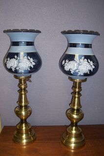pair lamps ethan allen brass glass hurricane blue VINTAGE GWTW 