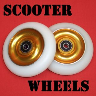 Gold Metal Core Scooter Wheels White PU 2x100mm wheels including 