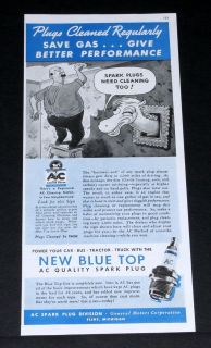 1937 OLD MAGAZINE PRINT AD, AC BLUE TOP SPARK PLUGS, MORE POWER