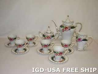 Imported 17 Piece Espresso Coffee And Tea Set For 6 With Golden Floral 