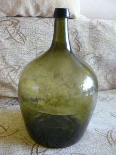 antique, vintage, green glass, hand blown, wicker, demijohn, 10 liters 