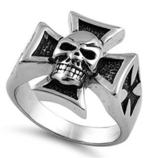Mens Stainless Steel Iron Cross & Skull Biker Ring   Sizes 9 15   New