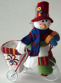 Shabby Plush Snowman On Bicycle With Planter Gift Basket 3 Rolling 