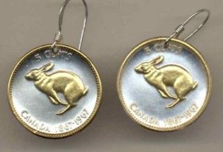 Gold/Silver Coin Earrings, Canadian Centennial 5 Cent Rabbit