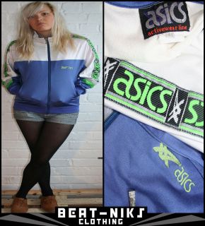 vtg SKINNY ASICS RETRO NEON TRACKSUIT JACKET 80s 8 10 S INDIE SHINY 