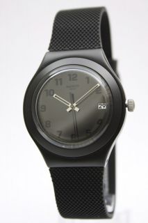 New Swatch Irony Big Aluminum Black Effect Rubber Band Watch Date 38mm 