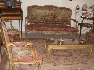 Vintage Aubusson 5 piece salon suite Louis XV style 1950 4 Chairs and 