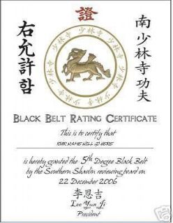 Shaolin Kung Fu Certificate of Skill Level