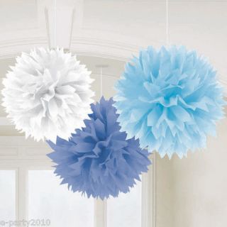   Blue & White POM DECORATIONS ~ BOYS BABY SHOWER Bridal Party Supplies
