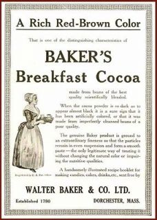 RICH, RED BROWN COLOR 1910 WALTER BAKERS COCOA AD