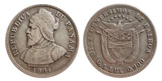   * Beautiful 10 centésimos de Balboa silver coin. Panama, 1904