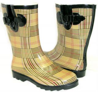 GALOSHES WELLIES RUBBER RAIN Boot Mid Calf Hunter YELLOW BLACK LACES 