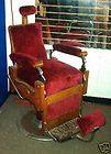 KOCH ANTIQUE WOOD FRAMED BARBER CHAIR, IN WORKING CONDITION, RED 