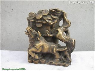 Chinese FengShui Bronze ox bull money Tree Pen holder Lucky statue
