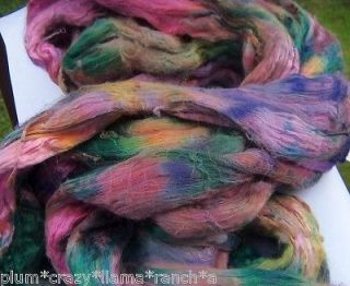 CRAZY Handpainted MULBERRY SILK BRICK roving top M2 pink green gold 