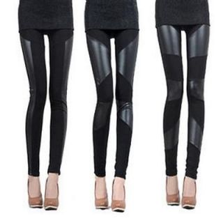 Sexy Women Stitching Stretchy Faux Leather Back Tight Leggings Pant 