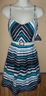 City Triangles navy/teal/white stripe belted cotton lined mini dress 9 