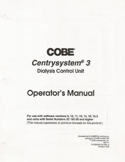 COBE CENTRY SYSTEM 3 DIALYSIS MACHINE OPERATOR MANUAL
