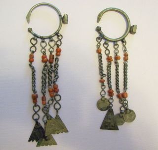 Antique Tribal MOROCCAN Berber Silver Cut Glass & Coral LONG Earrings