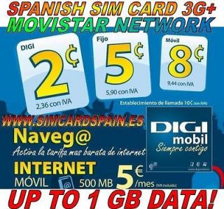   DIGI MOBIL (MOVISTAR) PREPAID 1 Gb DATA SIM CARD MOBILE INTERNET SPAIN