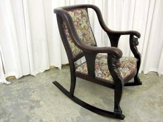   Walnut Rocking Chair w Carved Faces & Lions Paw Feet Bent Wood Stiles