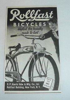 small 1939 ROLLFAST bicycles ad ~ Styled For Beauty