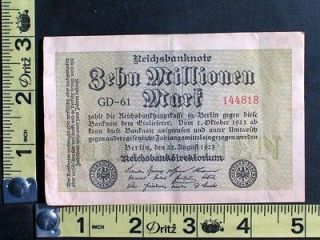   Germany 10 Zehn Millionen Mark Currency Paper Money Banknote