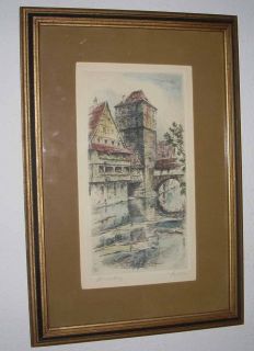 Vintage Framed Signed German Colored Etching Nuremburg Cityscape