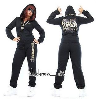 WOMENS BLACK AND GOLD ROCAWEAR SET HOODIE PANTS SWEATSUIT NWT CUTE S M 