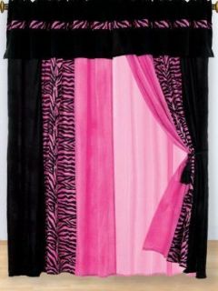   Hot Pink Zebra print striped micro fur curtain set bold durable