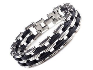   Quality Rubber Mens Stainless Steel Chain Bracelet Silver link Bangle