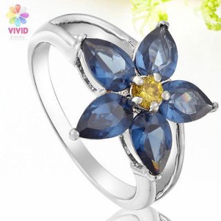 Ladies Gift Flower Blue Sapphire White Gold Plated Xmas Jewelry Ring 7
