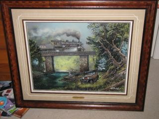 TED BLAYLOCK Large Original Oil Painting on Board Train/Fishing 