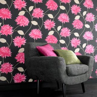Amour Floral wallpaper in Black and Pink