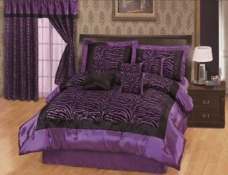   Blue Satin Black Zebra Flocking Comforter Set w/ 4 Pillows Queen Size